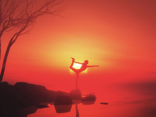 3D female in a yoga position against a sunset landscape