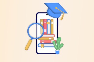 Concept of mobile learning, e-learning, library, e-book, classroom, tutorial and online courses application. Online education, university studies and back to school. 3d realistic vector illustration.