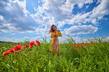 Attractive woman in a poppy field with flowers in full bloom.