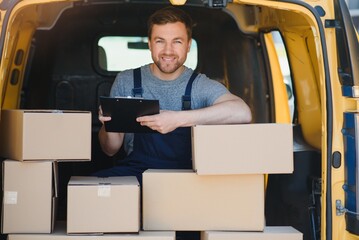 delivery service employee. Portrait of man working in delivery service