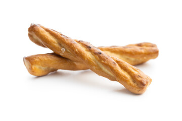 Salted pretzel sticks. Salted crackers isolated on white background.
