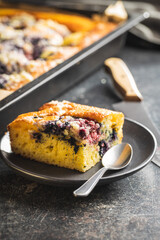 Homemade sponge cake with fruit. The sweet fruity pie.