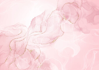 Pastel pink alcohol ink background with gold glitter elements - obrazy, fototapety, plakaty