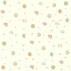 Vector pattern on the theme of brain, memory, mind, light bulb, brainstorming, human brain, psychology, thinking and more. simple color icons on beige background.