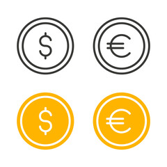 Dollar and Euro Coins icon set. Vector isolated line money illustration