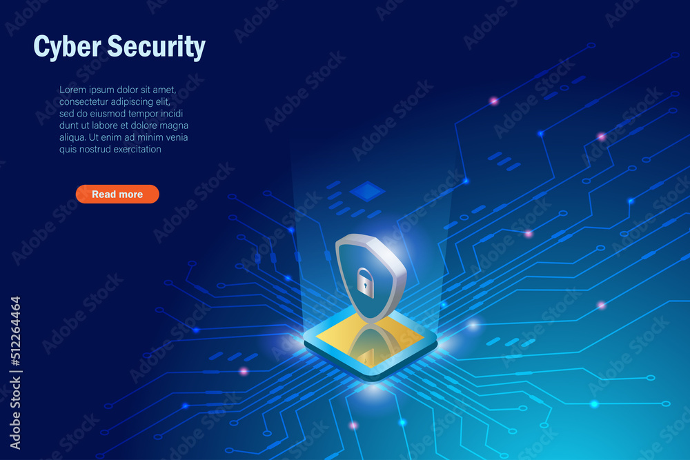 Poster cyber security network protection, digital padlock on virtual electronics circuits board. online aut