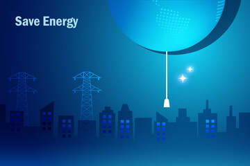 Earth hour, save energy concept. Lightbulb globe with switch rope in electricity pole station and city background. World environment day, earth day and energy crisis concept.