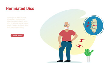 Elderly man suffering from hermiated disc, spine backbone pain. Backache in senior concept. Medical and healthcare.