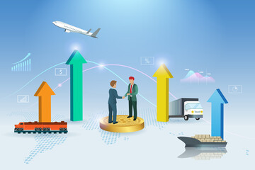 Fototapeta premium Businessmen handshake on growth graph of global logistics transportation on supply chain network connecting. Business partnership collaboration on high demand in shipping cargo import export .