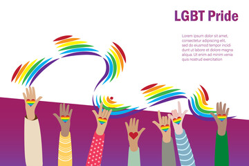 LGBT Pride month. Diversity raising hands paint LGBT rainbow heart on palm with rainbow flag background to support LGBT pride rights and transgender community, social diversity concept.