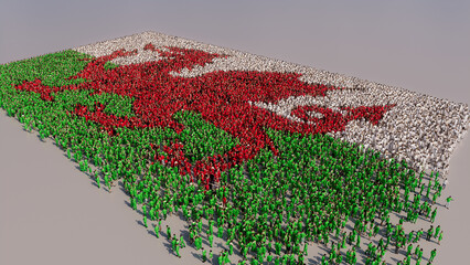 A Crowd of People coming together to form the Flag of Wales. Welsh Banner on White.