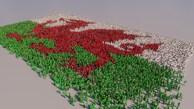 A Crowd of People coming together to form the Flag of Wales. Welsh Banner on White.