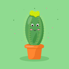 the character is a kawaii cactus in a pot with emotions cheerful