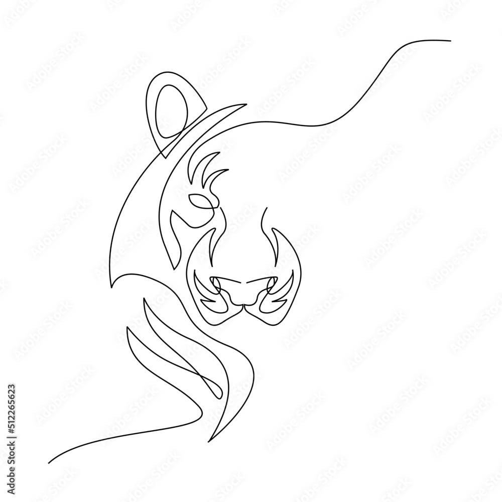 Wall mural Tiger in one line drawing style. Abstract tiger wild animal contour outline background in black and white Vector illustration