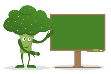 cute green broccoli cartoon character with a green board. vector illustration
