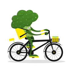 Delivery service composition with cute green broccoli courier biker cartoon character. cabbage courier on bike or scooter. vector illustration