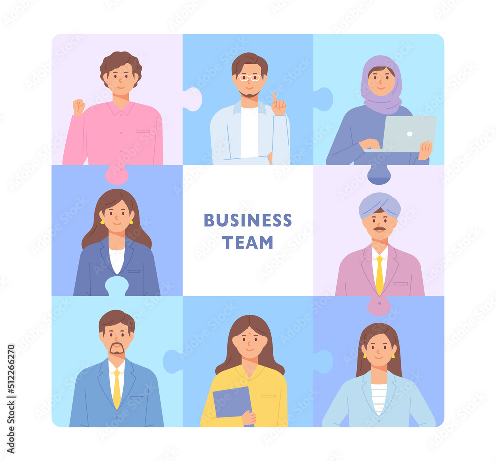 Aufkleber puzzle layout concept banner. the faces of business team members are placed in each section. flat de