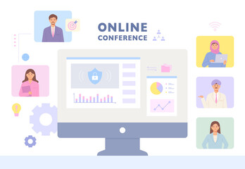 Business people having online video conference. Screens of people online are visible around the computer monitor. flat design style vector illustration.