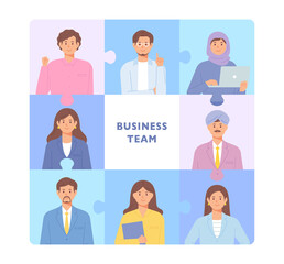 Puzzle layout concept banner. The faces of business team members are placed in each section. flat design style vector illustration.