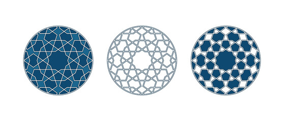 Set of Islamic traditional rosettes as a frame for greetings cards decoration with word Shukran. Shukran means thanks in Arabic Vector illustration.