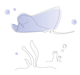  manta ray line vector. Sea life cramp fish one line art illustration. Cute fish outline - obrazy, fototapety, plakaty