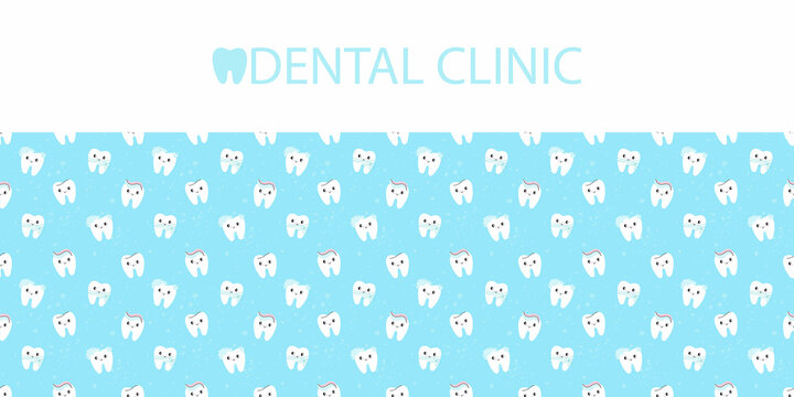 Teeth Background. Dental clinic horizontal texture with copy space, poster or banner template, flyer or groupon with seamless border, happy character pattern, vector medical illustration