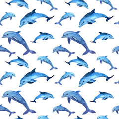 Seamless watercolor pattern of dolphins on white field. Ocean animal background. Dolphin in cartoon style for textile prints. Design for covers, fabric, wrapping paper, decor.