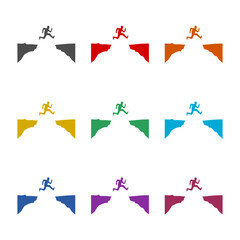 Guy jumps over cliff icon isolated on white background. Set icons colorful