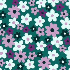 Abstract floral pastel color seamless pattern Simple flat transparent flowers on a cold green background