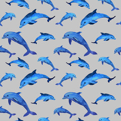 Naklejka premium Seamless watercolor pattern of dolphins on gray field. Ocean animal family background. Animal in cartoon style. Design for covers, backgrounds, decorations, stickers, labels.