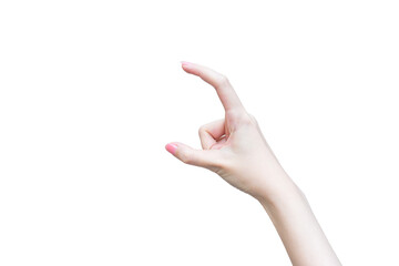 Woman hand poses or acts like a picking something isolated on white background.
