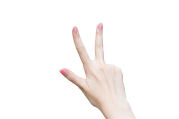 Woman’s hand shows up three fingers as number three on white background.
