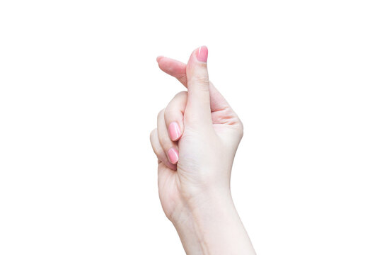 Asian woman make her hand like mini heart shape (Korea style) as a sign of love isolated on a white background.
