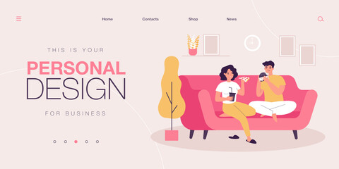 Man and woman eating junk food at home. Young couple sitting on couch and enjoying tasty pizza, burger. Flat vector illustration. Fast food, relationship concept for banner, website, landing page