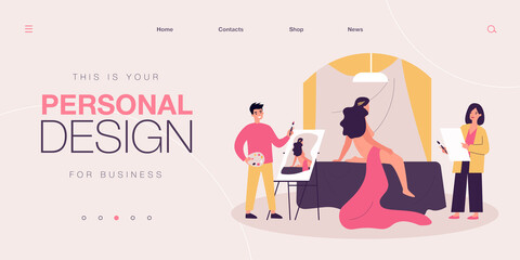 Artists drawing portrait of nude model. Painters having drawing classes in studio or school, creating pictures with oil and paintbrush. Vector flat illustration. Hobby, leisure activity concept