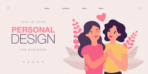 Couple of young women lovers. Portrait of lgpt lesbian girls flirting. .Romantic relationship, homosexuality, passion and love flat vector colorful illustration