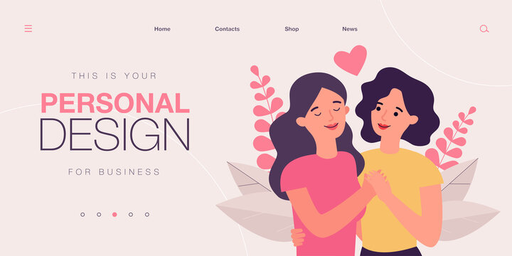 Couple of young women lovers. Portrait of lgpt lesbian girls flirting. .Romantic relationship, homosexuality, passion and love flat vector colorful illustration