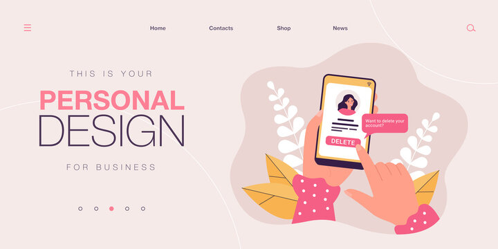 Girl deleting her social network account and information from website. Female hands holding smartphone, online problem vector illustration. Modern technology, social media, Internet addiction concept