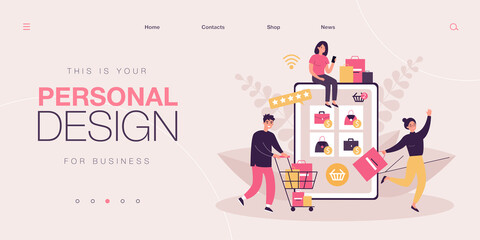 Tiny customers buying goods in online store using giant tablet. Vector illustration. Group of shopaholic buyers with carts and shopping bags. Sale, online purchase, retail shop, Internet concept