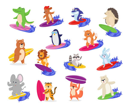 Cute animal characters on surfboard cartoon illustration set. Funny shark, lion, crocodile, bear, elephant, rabbit and cat surfing, enjoying outdoor activity. Summer, extreme water sport concept
