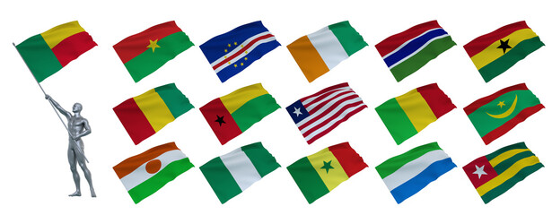 Fototapeta premium 3D Render : Silver male dummy model is holding and waving the flag of the country of West Africa country group continent to cerebrate an important event ,provided with adjustable graphic resources
