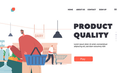 Product Quality Landing Page Template. Man Visiting Supermarket or Grocery, Customer Male Character Choose Production