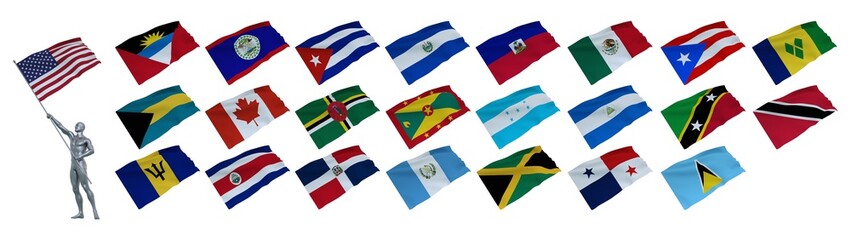 3D Render : Silver male dummy model is holding and waving the flag of the country of North America Country group continent to cerebrate an important event ,provided with adjustable graphic resources 