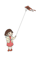 凧揚げをする女の子のイラスト