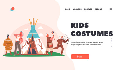 Kids Costumes Landing Page Template. Kids Playing American Indians. Funny Boys and Girls Wearing Native Indian Suits