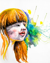 Young girl's face shined by the summer sun with colorful background. Watercolor illustration. 