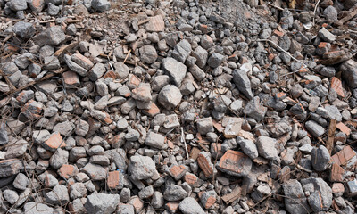 ruined concrete debris background. Front view