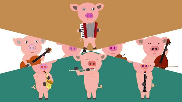 子豚が歌を歌ったり楽器を演奏したりしている。