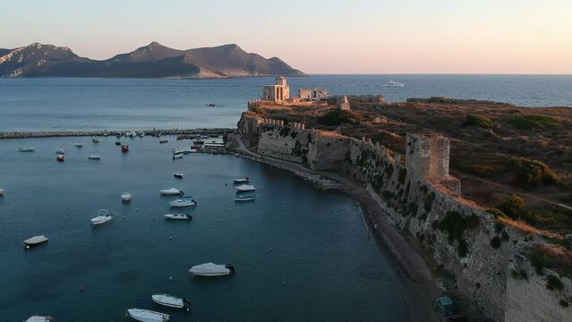 Aerial view over Methoni Castle and the fortified city. Its one of the most important and the biggest in castle in Mediterranean sea, a must-visit place in Greece located in Methoni, Messenia, Greece