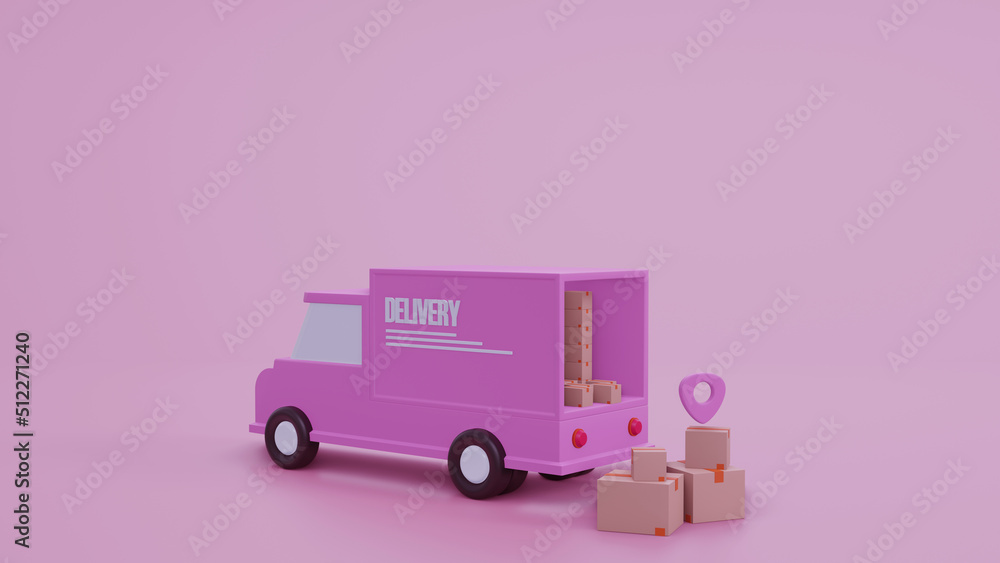 Poster concept delivery car paper boxes. shipment delivery by truck and pin pointer mark location delivery 